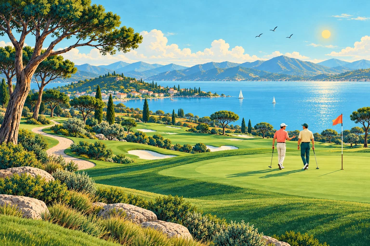 Two friends enjoying a sunny round on a lakeside golf course