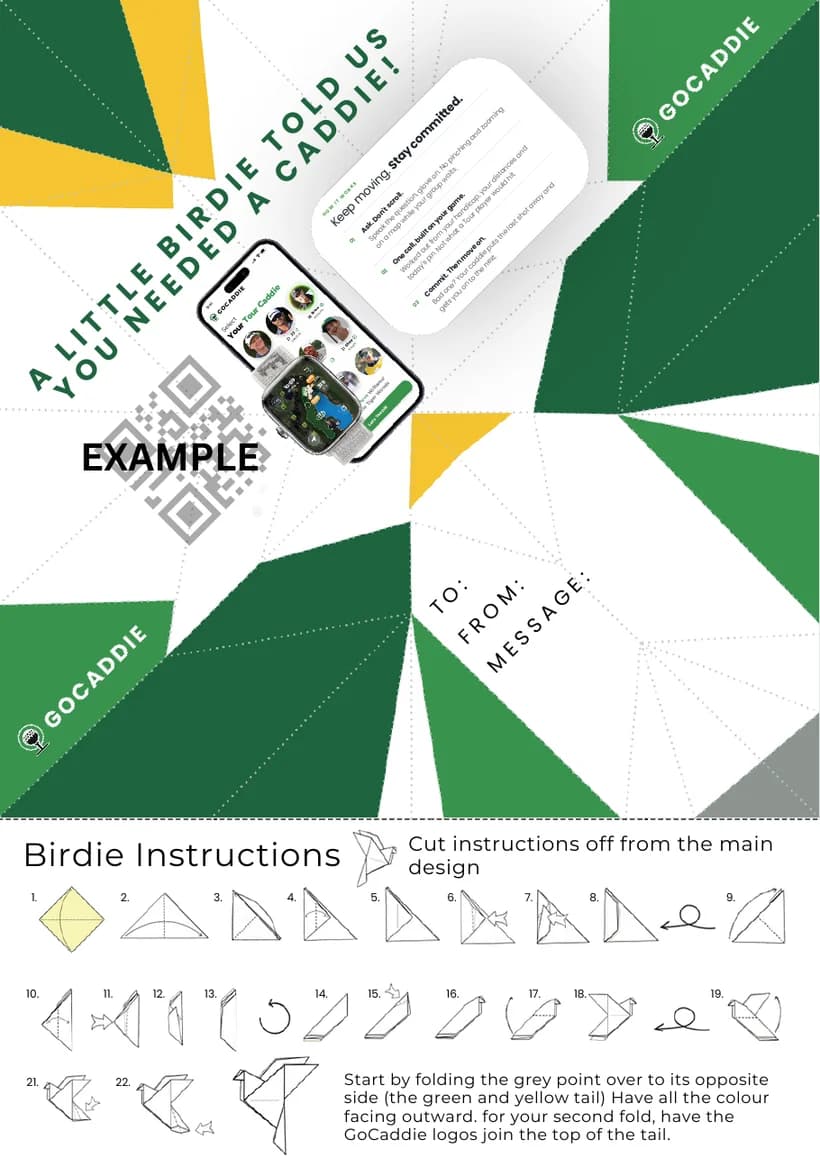 The printable birdie sheet, with the gift's QR code, folding lines and instructions